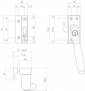 Fensterverriegelung Ton 400 abschließbar links Messing getrommelt / Ebenholz (0011.661652B) | hanse-Griff.de