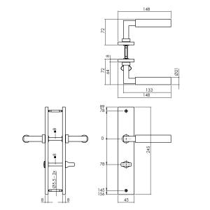 Türdrücker Baustil auf Schild rechteckig 245x45mm Bad/WC 78/8mm Messing Titan PVD | Intersteel