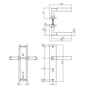 Türdrücker Baustil auf Schild rechteckig 245x45mm Buntbart 72mm Messing Titan PVD | hanse-Griff.de